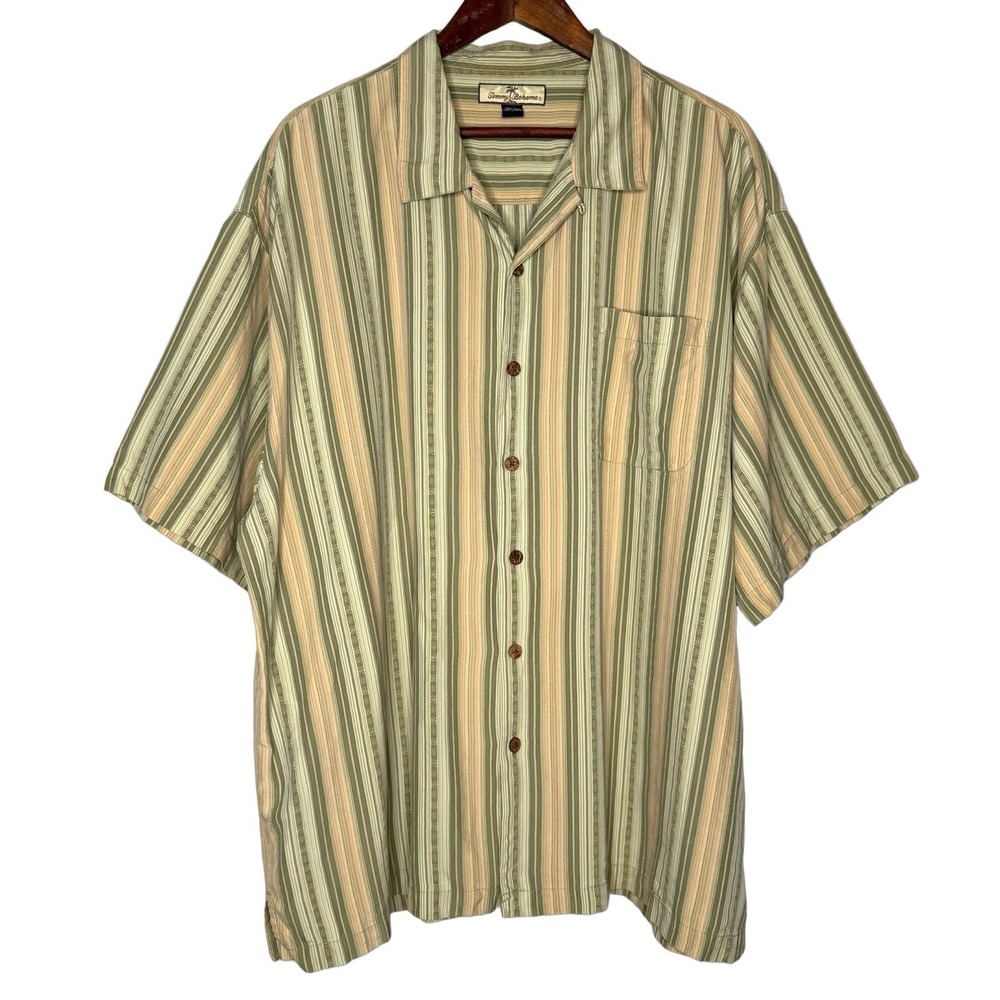 Vintage Tommy Bahama Shirt Mens XXL Green Striped 100% Silk Loop Collar Camp